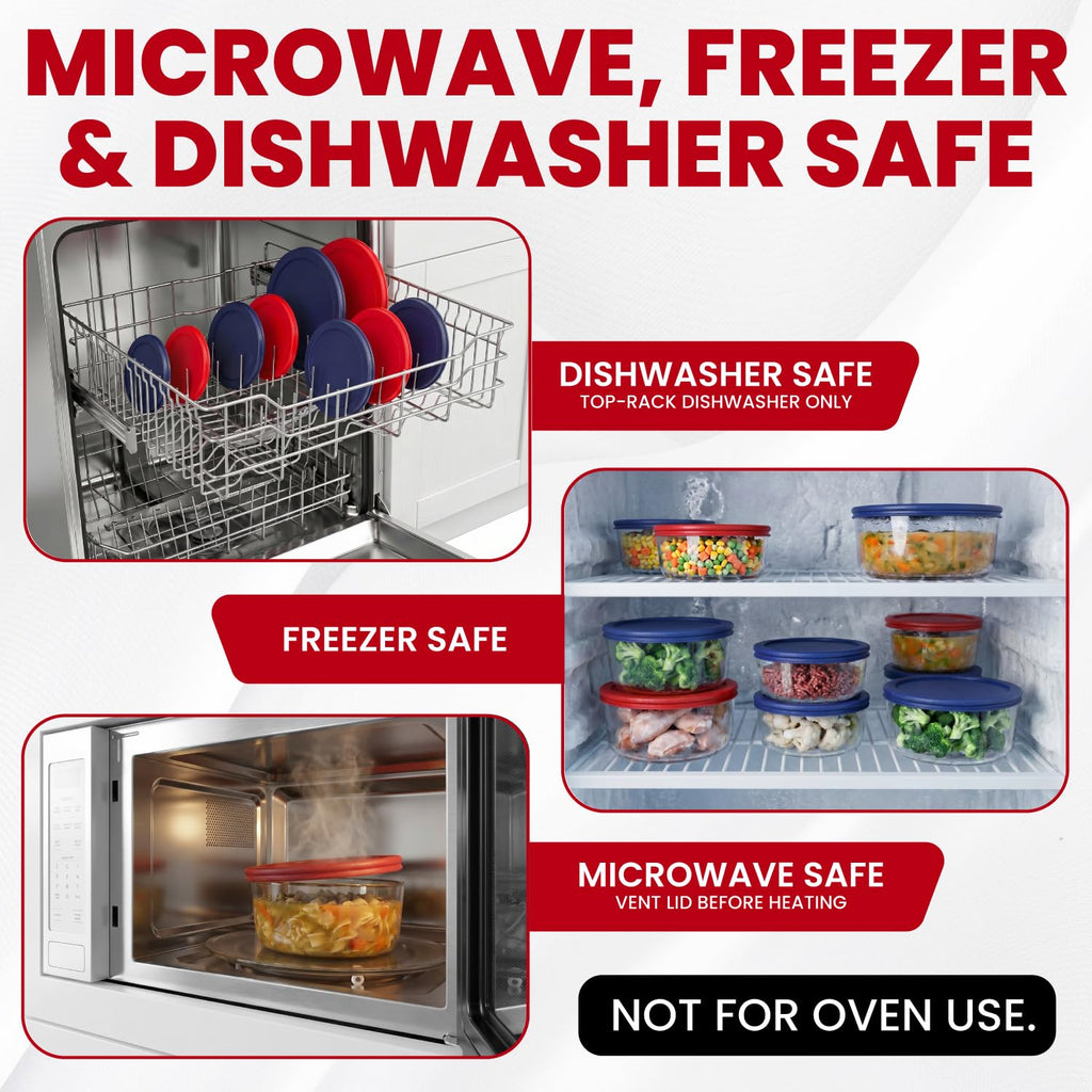 Replacement Lids for Pyrex Glass Food Storage Containers Round (2) for 7202-PC 1 Cup (3) for 7200-PC 2 Cup (2) for 7201-PC 4 Cup (2) for 7402-PC 6/7 Cup Red Blue