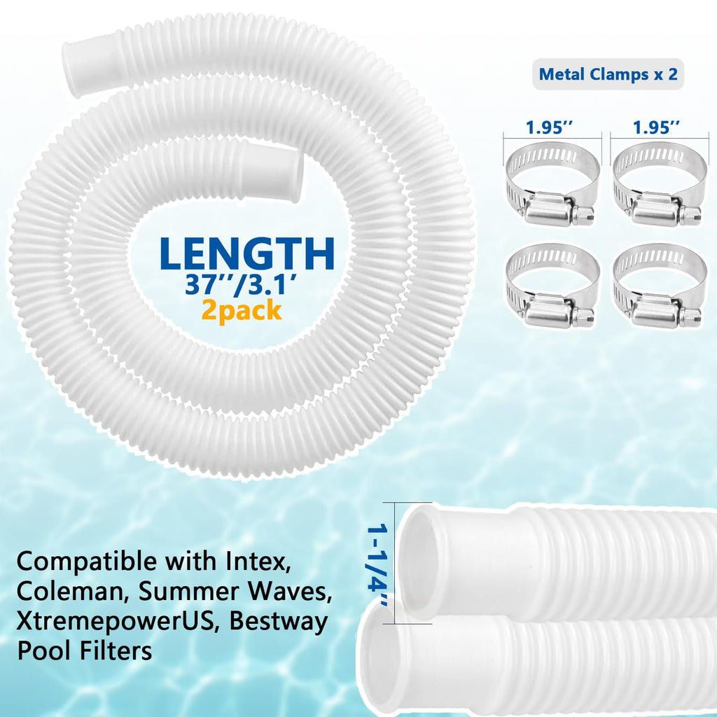 1.25" x 3ft Pool Hose for Above Ground Pools, 1-1/4" Flexible Pool Skimmer Hose Replacement Compatible with Intex, Coleman, Summer Waves, XtremepowerUS, Bestway, Sand Filter Pumps (White, 2 Pack)