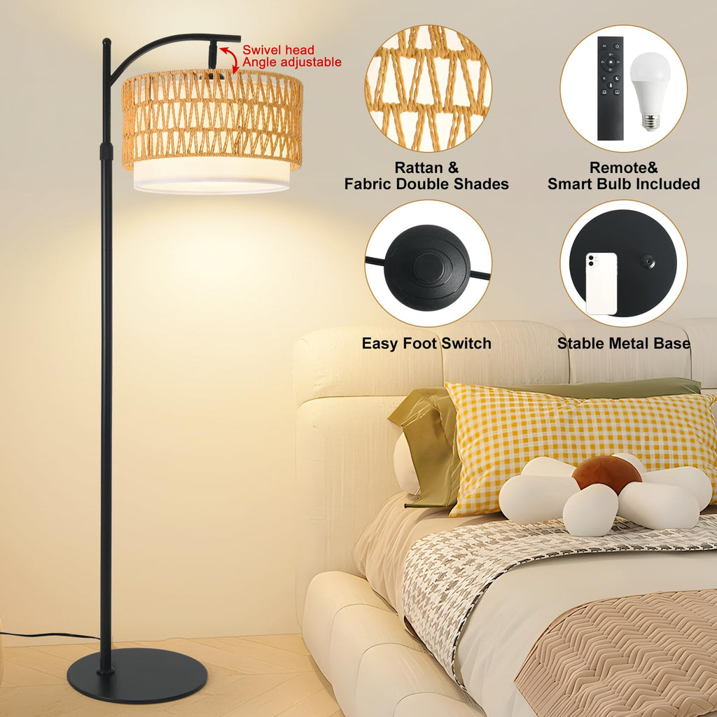 DRAWNCAT Rustic Black Farmhouse Floor Lamp with Woven Rattan Shade - 12W LED, Remote & Dimmable 3-Color Temp, Tall Standing Lamp for Living Room