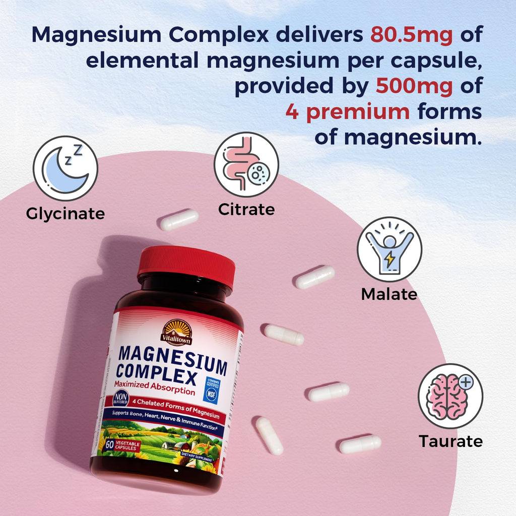 Vitalitown Magnesium Complex Supplement 500mg - NSF Certified Magnesium Glycinate, Malate, Taurate & Citrate - Chelated High Absorption & Gentle on Stomach - Vegan Non-GMO 120 Capsules