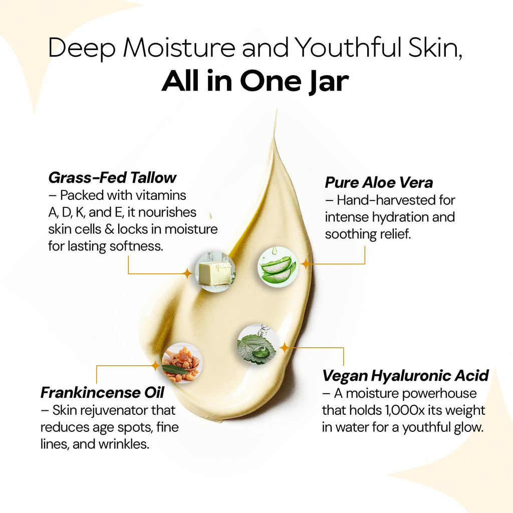 LA PURE Beef Tallow for Skin, Grass-Fed Tallow Face Cream with Aloe Vera, Hyaluronic Acid, Frankincense & Vitamin E to Hydrate, Firm, and Smooth Skin, Non-Greasy Moisturizer, Citrus Scent, 2 oz
