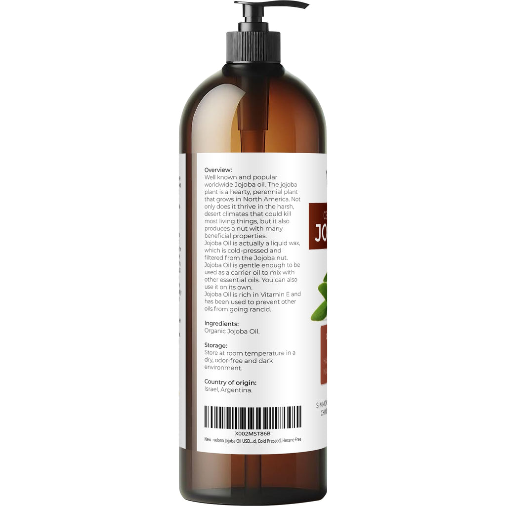 velona Jojoba Oil USDA Certified Organic - 32 fl oz (With Pump) | 100% Pure and Natural | Golden, Unrefined, Cold Pressed, Hexane Free | Moisturizing Face, Hair, Body, Skin Care