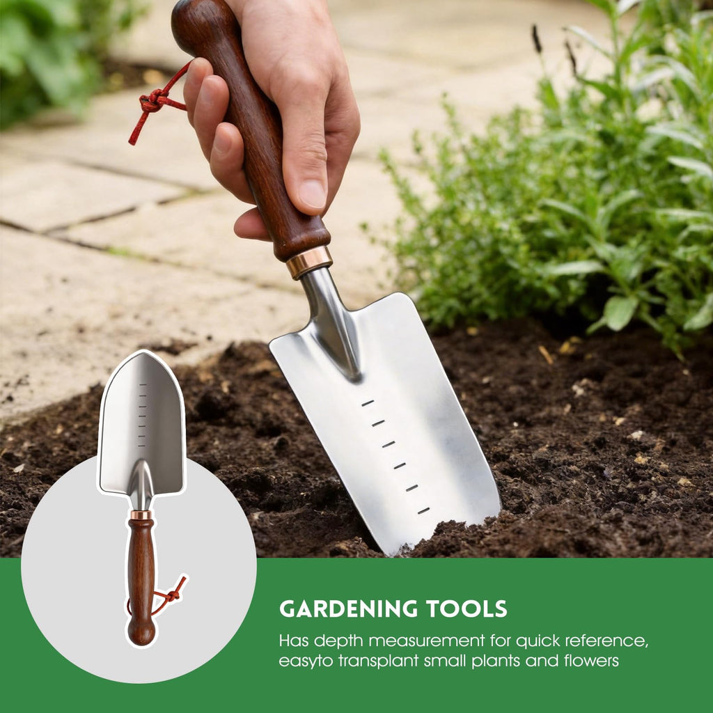 Zenrok Garden Tools, 4 Pack Garden Shovel with Wooden Handles Hand Tools with Transplanting Hand Shovel, Rake and Root Picker Ideal for Digging and Planting