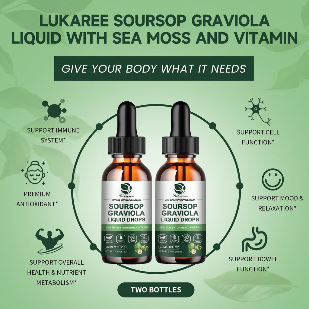 (2 Pack) Soursop Graviola Leaf Extract Liquid Drop Plus Pure Botanical Sea Moss for Cell Support & Regeneration, Immunity and Gut Health, Soursop Bitters Liquid丨Full Texture, Natural Flavor, 1 Fl Oz