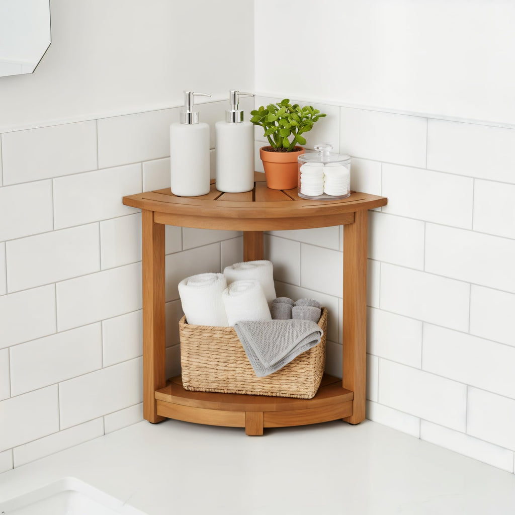 VICTORY RELAX Acacia Wood Corner Shower Stool - Waterproof Triangular Bathroom Bench with Storage Shelf & Soap Dish for Shaving, Natural Wood (17.9x12.7x16.5)