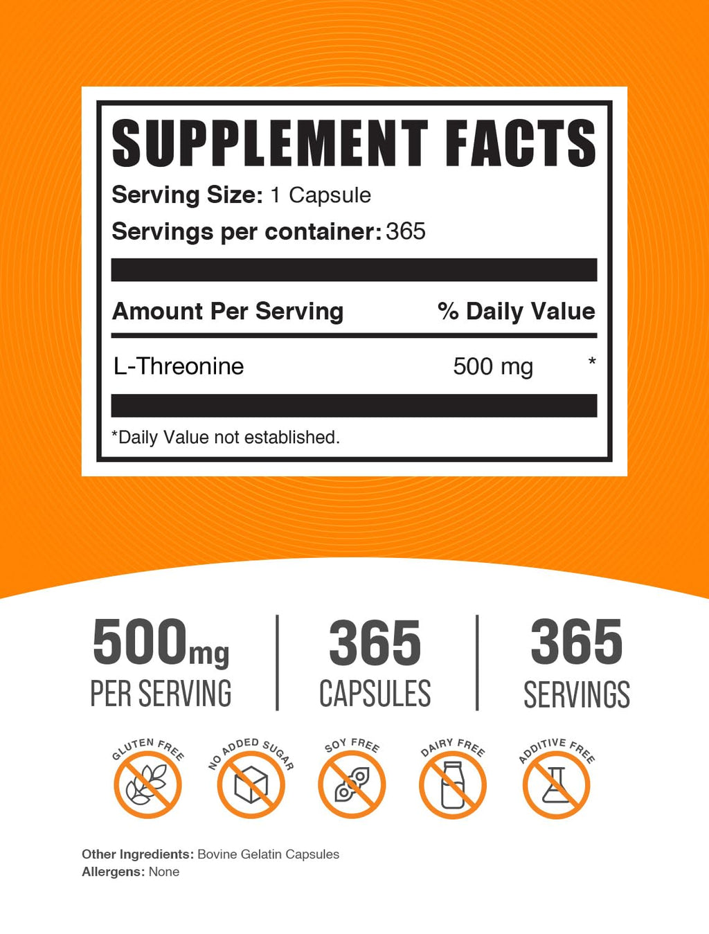 BulkSupplements.com L-Threonine Capsules - L-Threonine Supplement, Threonine 500mg - Amino Acid Supplement, Gluten Free, 1 Capsule per Serving, 365 Capsules (Pack of 1)