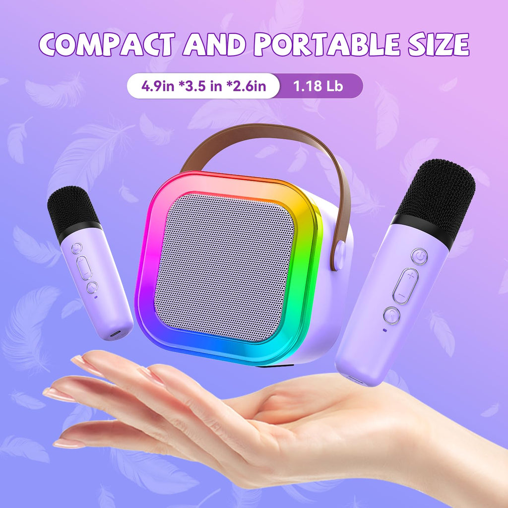 【2025 Newest】 Mini Karaoke Machine for Kids Girls & Boys - Portable Bluetooth Speaker with 2 Wireless Microphones - Kids Birthday Gifts for Ages 4-10 - Kids' Instrument Accessories - Purple