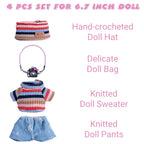 4-Piece Handcrafted 15cm/17cm Doll Clothes for Labubu (No Doll), Cute and Crochet Colorful Rainbow Outfits with Accessories, Hand Crocheted Hat, Sweaters, Blue Pants, Camera Bag for Girls Boys AK072