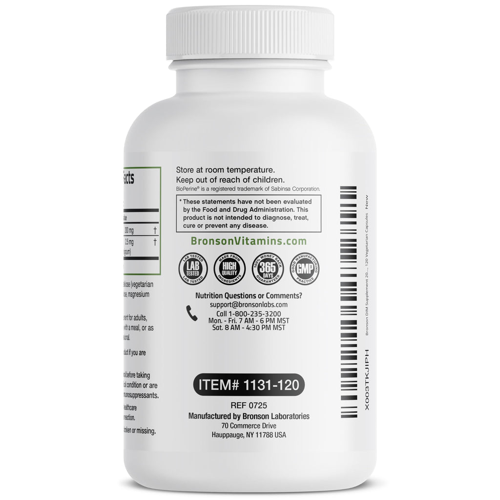 Bronson DIM Supplement 200 MG Diindolymethane with BioPerine for Enhanced Absorption, Estrogen Metabolism & Maintains Balanced Hormone Levels, 120 Vegetarian Capsules