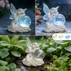 RATUEJIA Solar Fairy Garden Statue, Outdoor Waterproof Resin Fairy Figurine Lights with Cracked Glass Ball, Fairy Garden Decor for Yard Patio Lawn, Ideal Gift for Women & Garden Lovers