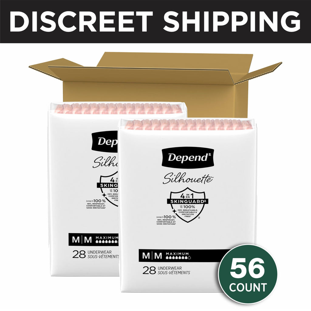 Depend Silhouette Adult Diapers, Incontinence & Postpartum Bladder Leak Underwear for Women, Maximum Absorbency, Medium, Pink, 56 Count (2 Packs of 28), Packaging May Vary