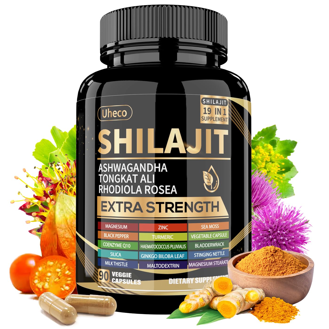 Uheco Shilajit Supplement with Sea Moss, Ashwagandha, Tongkat Ali - Shilajit Pure Himalayan Organic Fulvic Acid Capsules - 90 Count