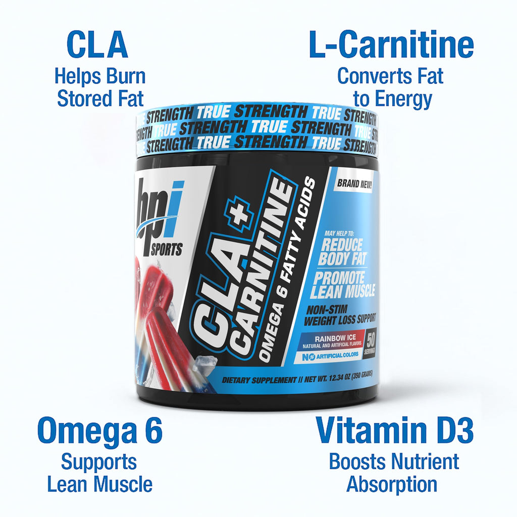 BPI Sports CLA+Carnitine – CLA L Carnitine & Linoleic Acid – L Carnitine Supplement for Weight Loss, Metabolism & Lean Muscle – Caffeine Free – Rainbow Ice – 50 Servings – 12.34 oz