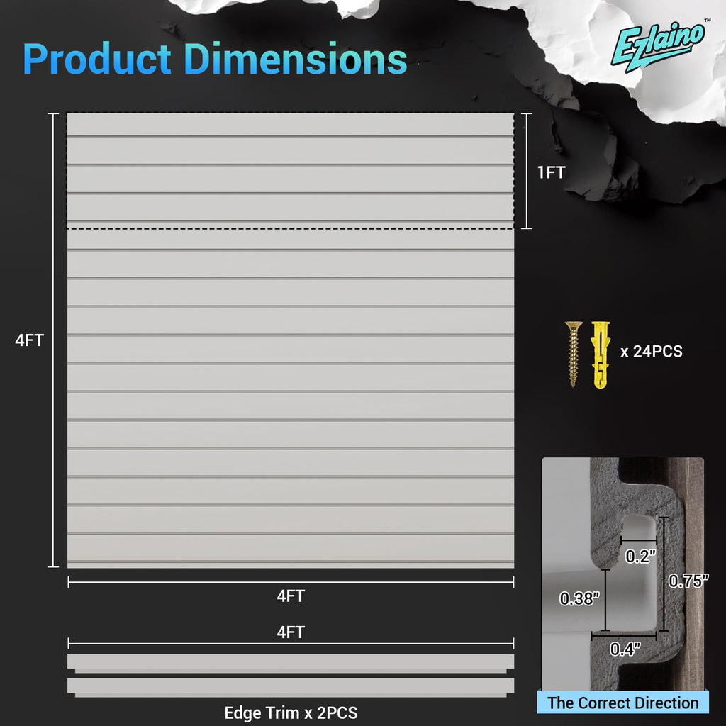 Ezlaino 4x4ft PVC Slat Wall Paneling - Thickened & Durable, Waterproof, Versatile | Fits Most Slatwall Accessories (Not Included) | Ideal for Garage, Home & Store Organization, Gray