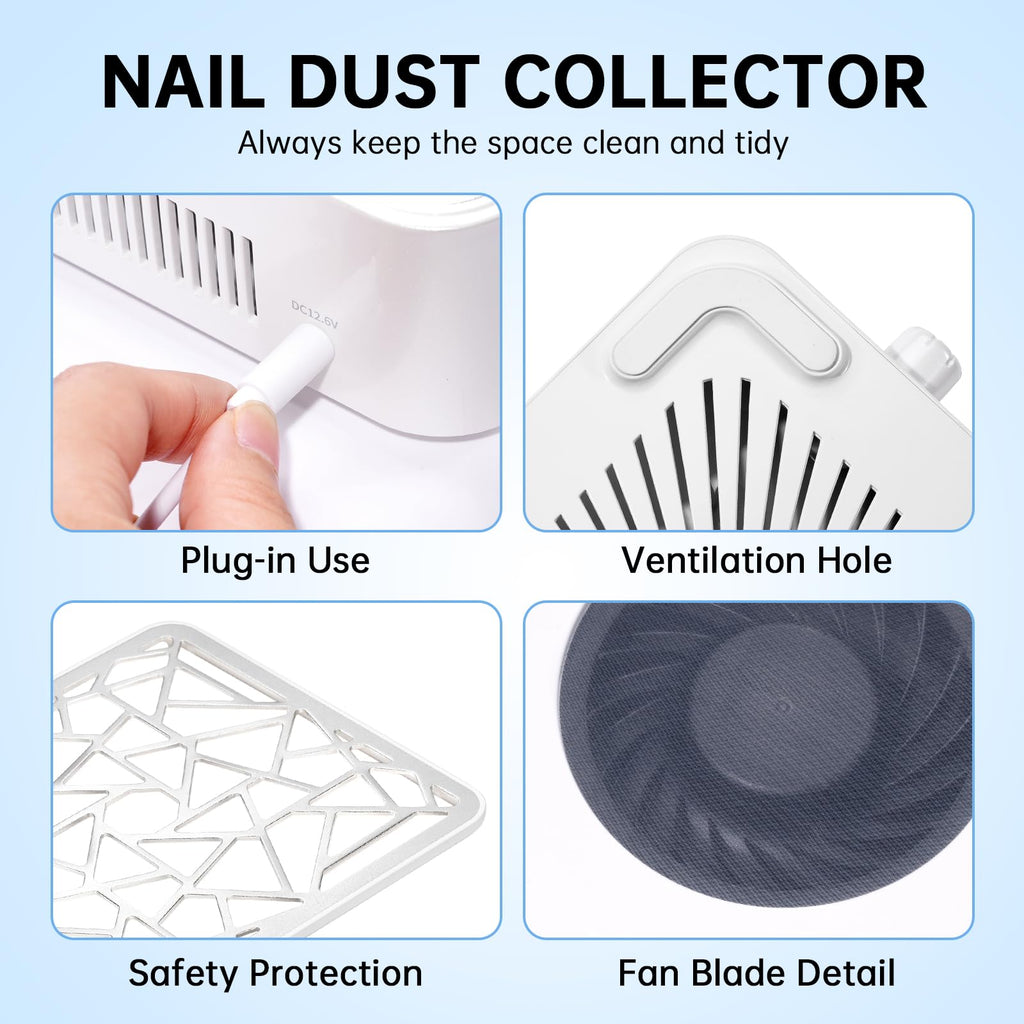 CHRISTINE SHELLY Nail Dust Collector, Powerful Vacuum Fan Vent Dust Collector Extractor Dust Suction Machine for Acrylic Nails Polishing, Nail Salon&Home, White