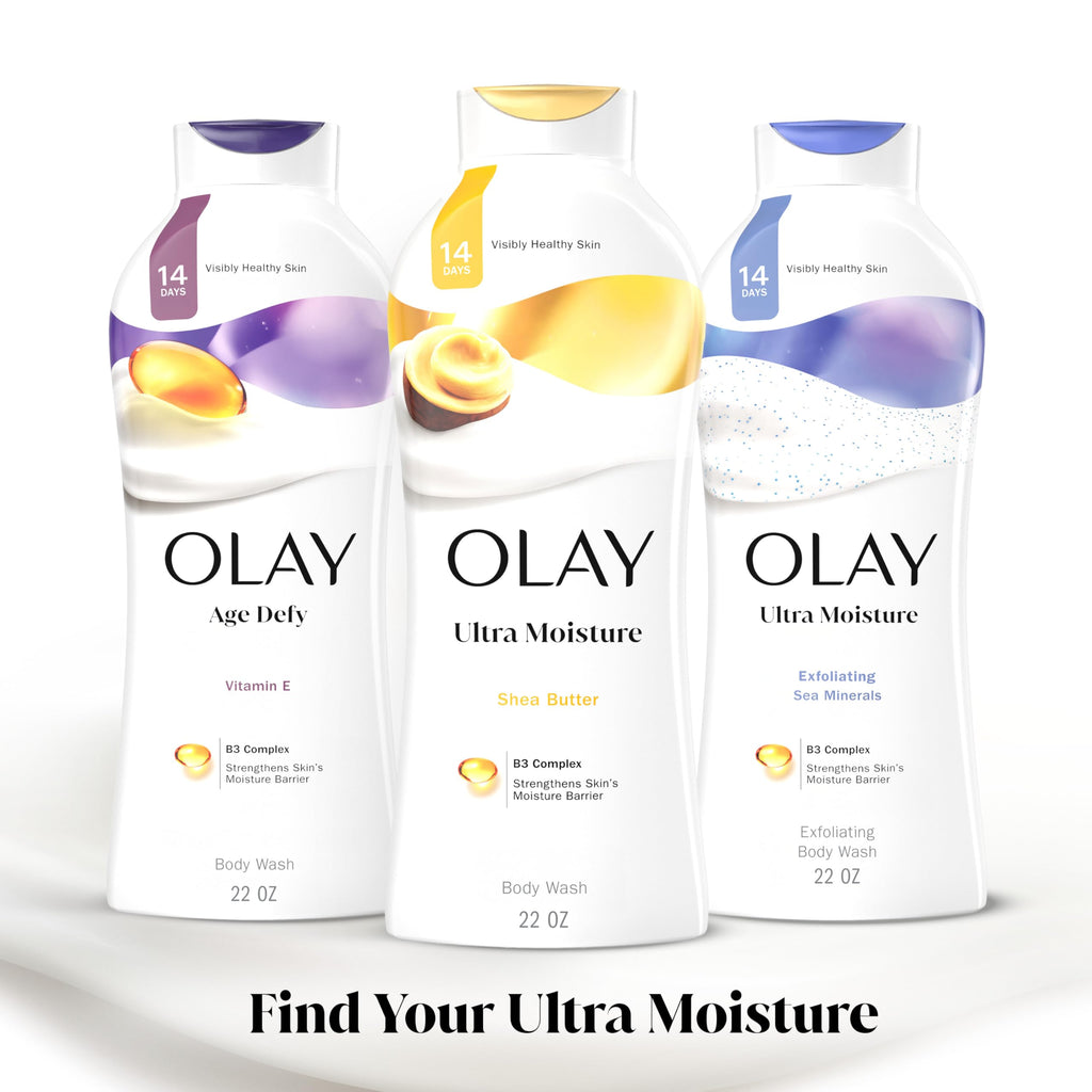 Olay Body Wash for Women, Ultra Moisture, 24hr Moisturizing, Hydrating & Refreshing, B3 Vitamin Complex, Free of Parabens & Phthalates, for All Skin Types, Shea Butter Scent, 22 fl oz (Pack of 4)