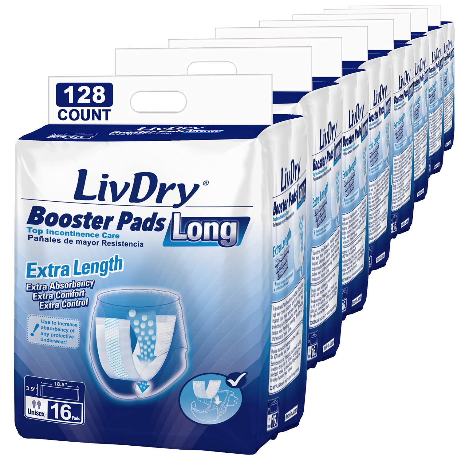 LivDry Incontinence Booster Pads, Use with Adult Diapers for Women and Men, Extra Comfort Softness, Disposable Pad (128 Count, Long Length)