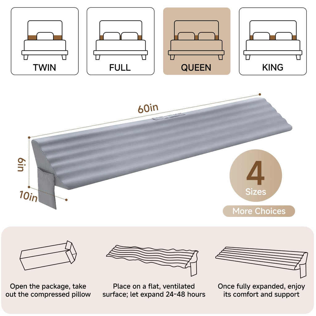 Queen Bed Wedge Pillow for Headboard Gap, Ergonomic Waves Bed Mattress Gap Filler(0-7") with High-Density Foam, Non-slip Bottom, Bed Gap Filler with Large Pockets & Washable Cover, Grey(60"x10"x6")