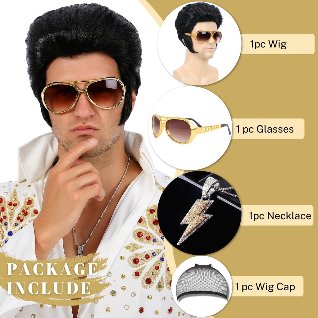 Bettecos 4pcs Set 50s Rock Wig with Sunglasses and Necklace for Men Singer Rocker Costume Wigs for Cosplay Halloween Party (Adults)