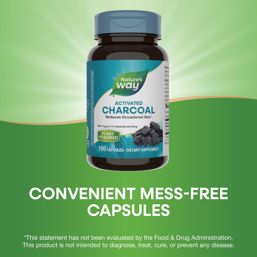 Nature's Way Activated Charcoal, Binds Unwanted Materials and Gas in the Digestive Tract*, 560 mg per 2-Capsule Serving, 100 Capsules (Packaging May Vary) - 2 Pack