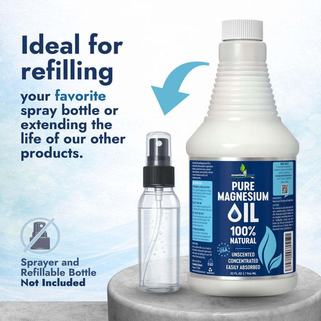 Pure Magnesium Oil Spray 32oz - Topical Magnesium for Sleep Extra Strength - Less Sting - Less Itch - 100% Natural and Organic Oil - Made in USA