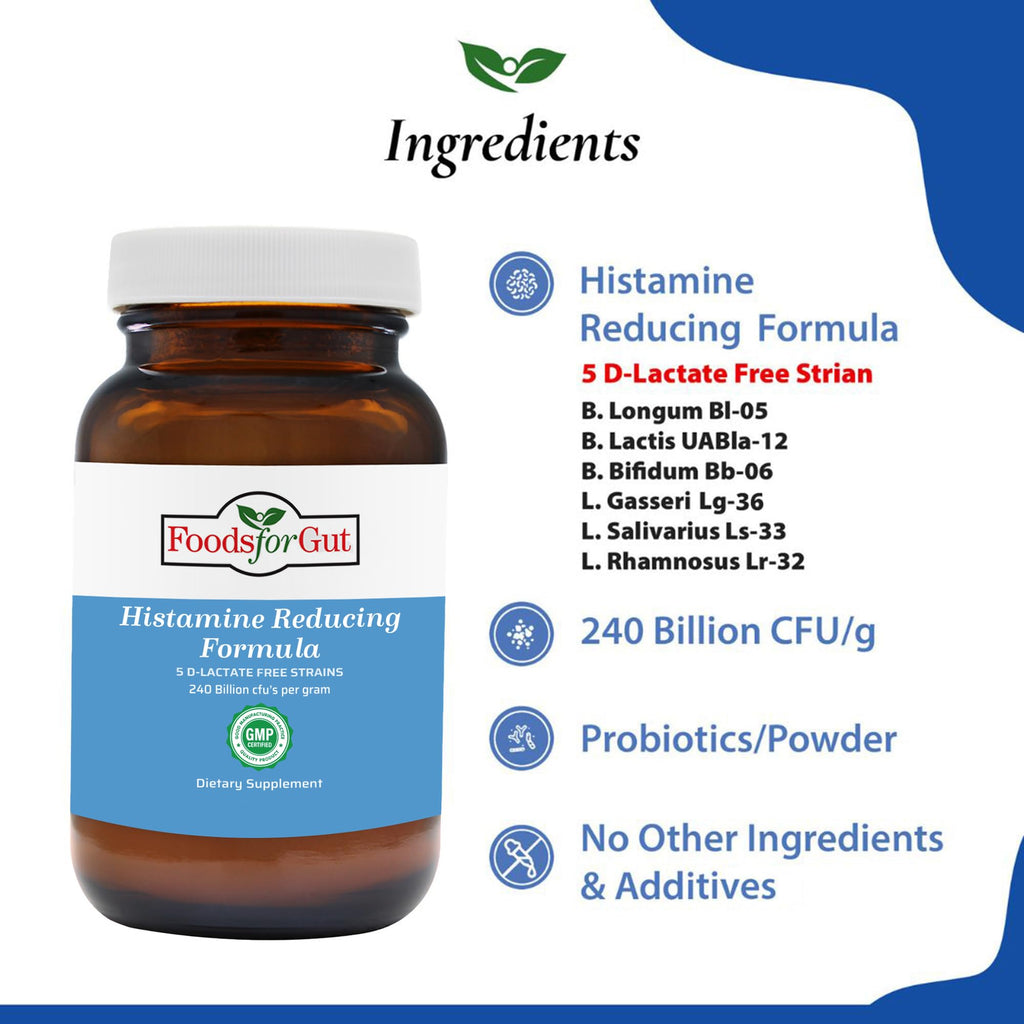 Foods For Gut Histamine & D Lactate Free Probiotics Powder 240 Billion CFU | Made in USA | No Additives | Direct from Manufacturer | No Third-Party Storage | Immune Support | 60 Grams (2.11 OZ)