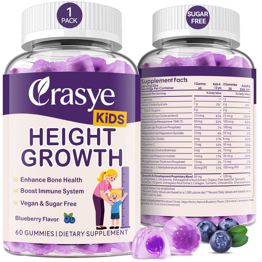 Crasye Height Growth Gummies for Kids & Teens - Calcium, Vitamin D3 + K2, Zinc, Magnesium, L-Arginine - Teen Multivitamin Gummies for Children Bone Strength and Immunity - 60 Gummies