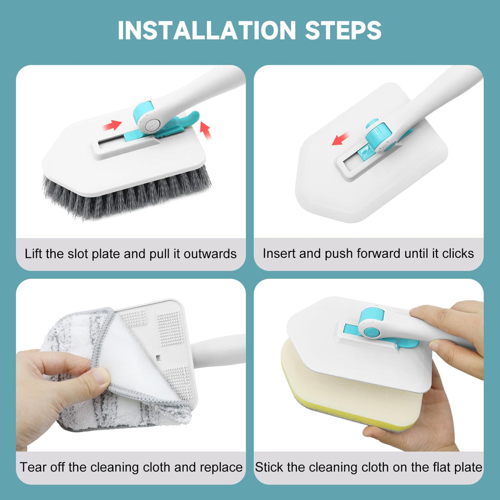 nacena Shower Scrubber with Long Handle, 4 in 1 Tile Tub Scrubber Brush with 3 Detachable Cleaning Shower Heads and Floor Squeegee Shower Cleaner Brush for Bathroom Kitchen Tub Sink Floor, Blue White