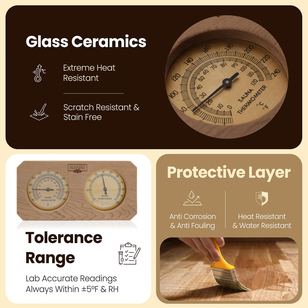 RUVARO Sauna Thermometer and Hygrometer 2-in-1 – Handcrafted from Canadian Red Cedar Wood - Analog Temperature & Humidity Gauge – Fahrenheit & Celsius – Premium Glass Dial – Luxury Sauna Accessories