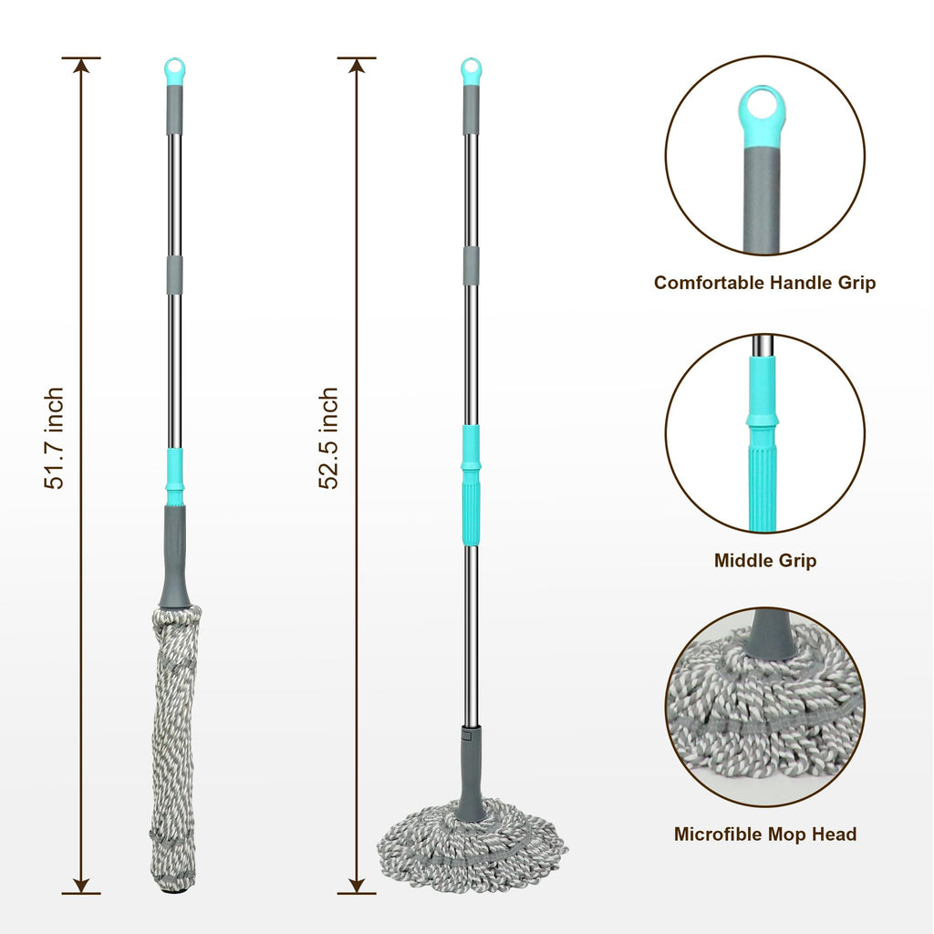Kickleen Self Wringing Mop - Easy Squeeze Twist Mop with 52.5 Inch Long Handle, Heavy Duty for Hardwood, Tile, Vinyl & Laminate Floors (Gray)