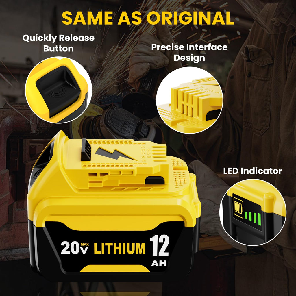 2 Pack 12000mAh Replacement for Dewalt 20V MAX Battery Lithium and DCB102 Charger Combo Compatible with Dewalt 20V Battery Lithium DCB207 DCB206 DCB204 DCB200 DCB201 DCB203 Series Power Tool(Yellow)