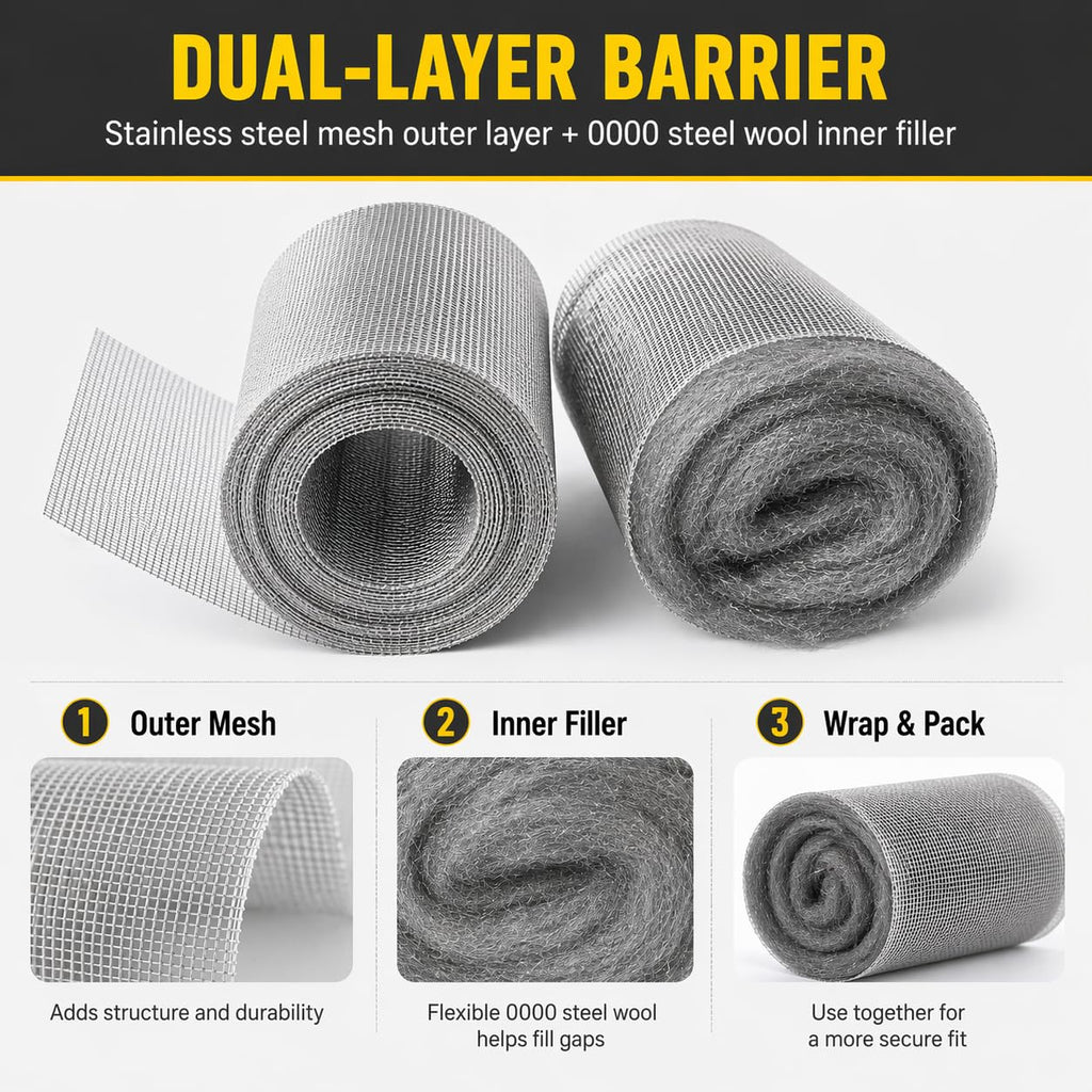 WizCave Steel Wool Bulk - 5 Pack 2.75 in x 11.5 Ft Steel Wools & 2 Pack 5 in x 15 Ft Stainless Wire Mesh, Mouse Hole Filler for House & Garden, Fine SteelWool for Polishing Chrome, Glass