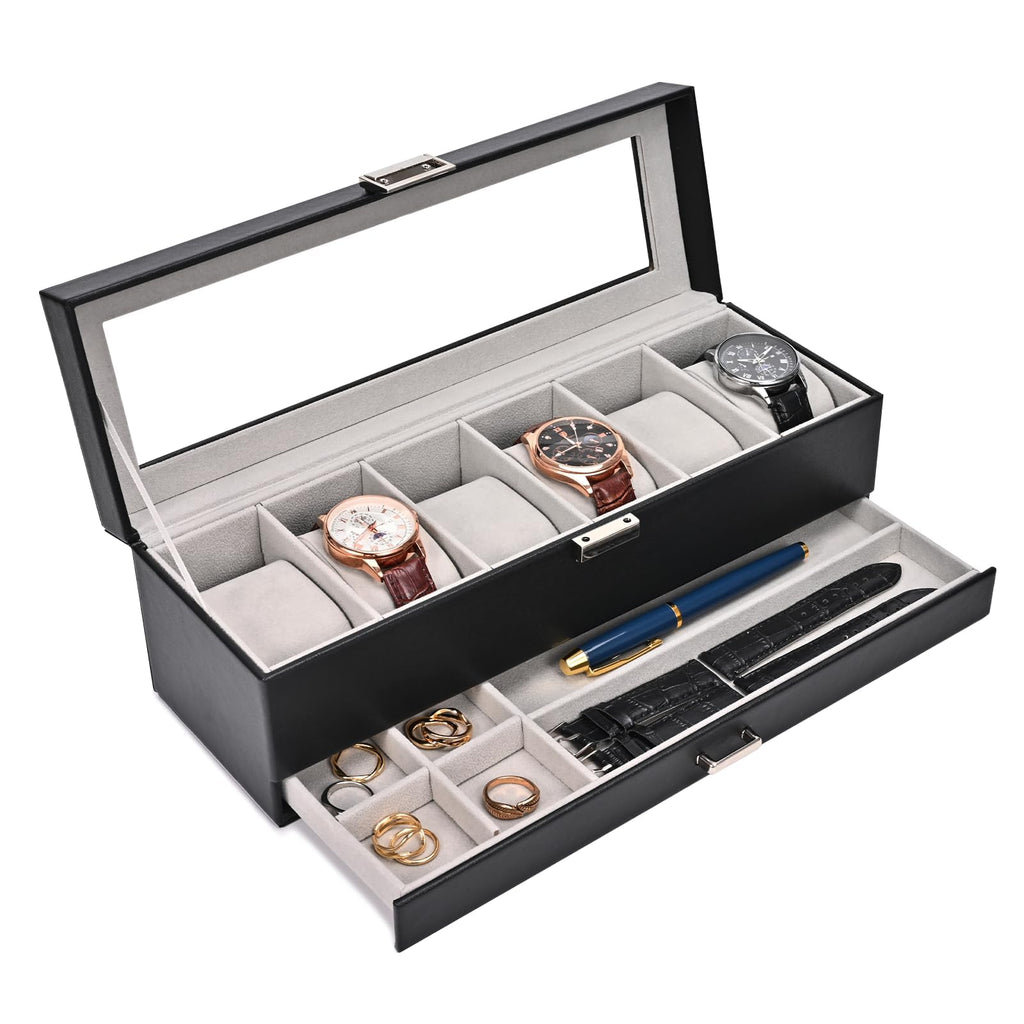 ProCase Watch Box, 6 Slot Watch Display Case with Drawer -Black