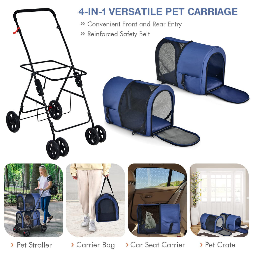 Giantex Double Pet Stroller with 2 Detachable Carrier Bags, Safety Belt, 4 Lockable Wheels, Folding Cat & Dog Stroller for Small Medium Pets, Cats Dogs Puppy Travel Strolling Cart (Navy)