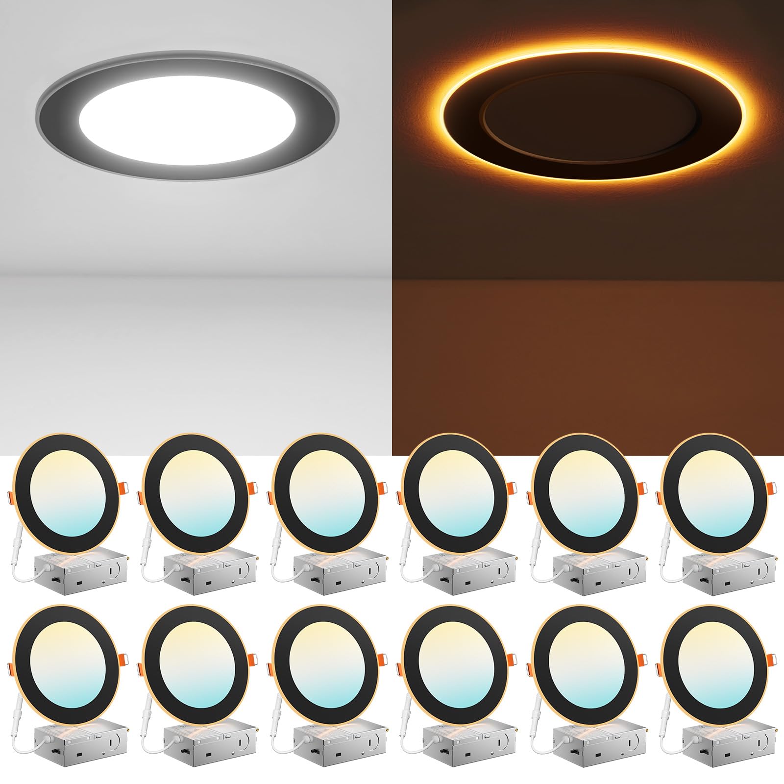 Amico 12 Pack Black 6 Inch 5CCT LED Recessed Ceiling Light with Night Light, 2700K/3000K/3500K/4000K/5000K Selectable Ultra-Thin Lighting, 12W=110W, 1100LM, Dimmable Canless Wafer Downlight - ETL&FCC