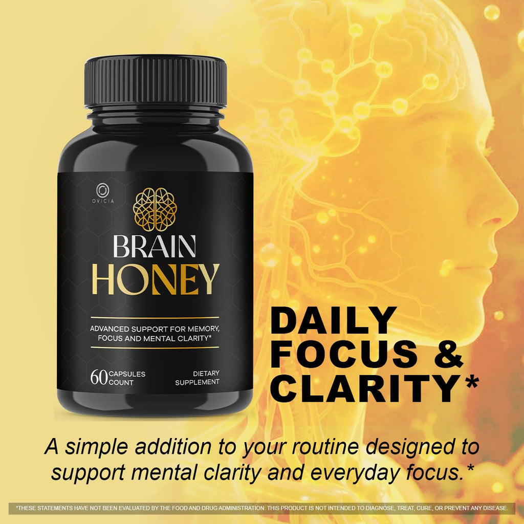 Brain Honey Capsules - Official BrainHoney Advanced Support Formula All Natural Ingredients Daily Premium Pills Vitamins for Brain Health and General Wellness, 60 Capsules for 1 Month