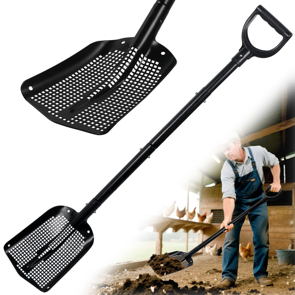 Heavy Duty Sifting Shovel with Adjustable Handle (26"-48") – Metal Sand Sifter Scoop with D-Grip for Chicken Coop, Beach, Farm Goat Stall & Garden Poop Cleaning – Durable Mesh Design