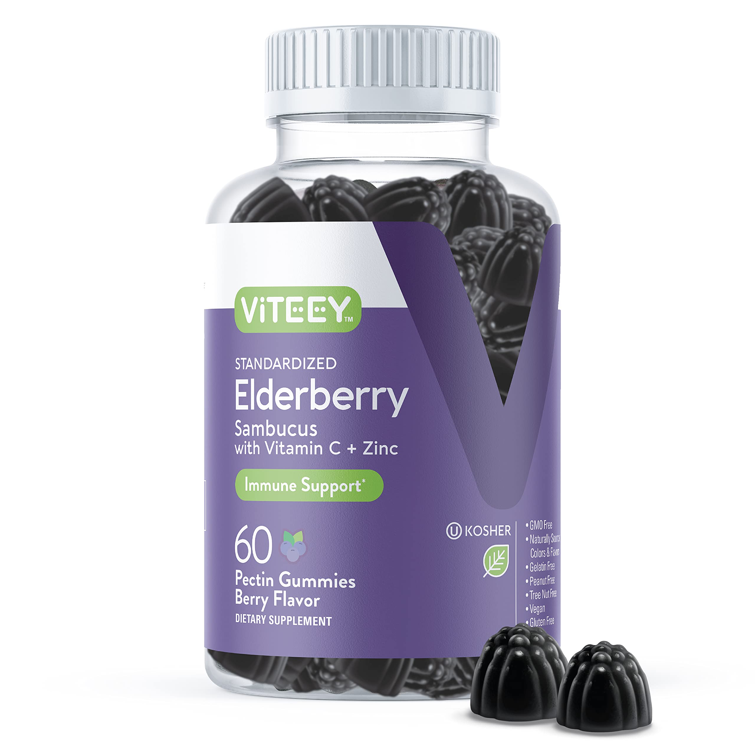Viteey Sambucus Elderberry Gummies for Adults – Elderberry Vitamin C and Zinc Immunity Gummies - Vegan, Gluten-Free – 60 Count
