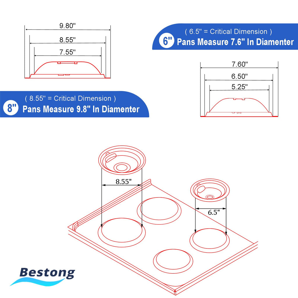 Chrome Range Drip Pans compatible with GE, Hotpoint and Kenmore Electric Stove - Replacement for WB31T10010, WB31T10011 (4 Pack, 2pcs 6" and 2pcs 8")