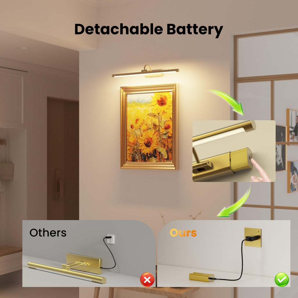 Craftersmark 24" Picture Frame Light with 1pcs Extra 8000mAh Battery - Brass Cordless Rechargeable Wall Sconce with Remote for Office, Hallway & Large Art