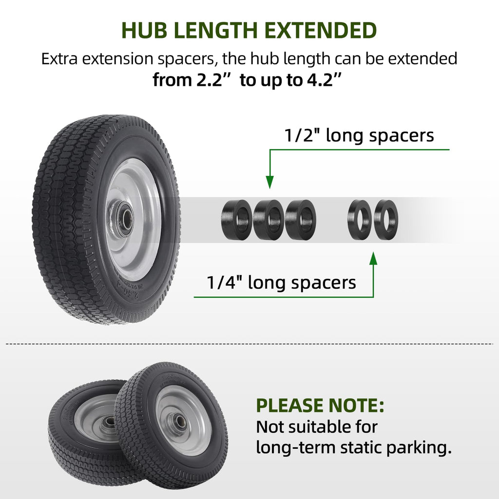 AR-PRO (2-Pack) 8-Inch Solid Wheel Replacement - 2.50-4" Flat Free Tire and Wheel with 5/8 extra 3/4 Bearings and 2.2" Offset Hub - Compatible with Hand Truck, Generator, Gorilla Carts