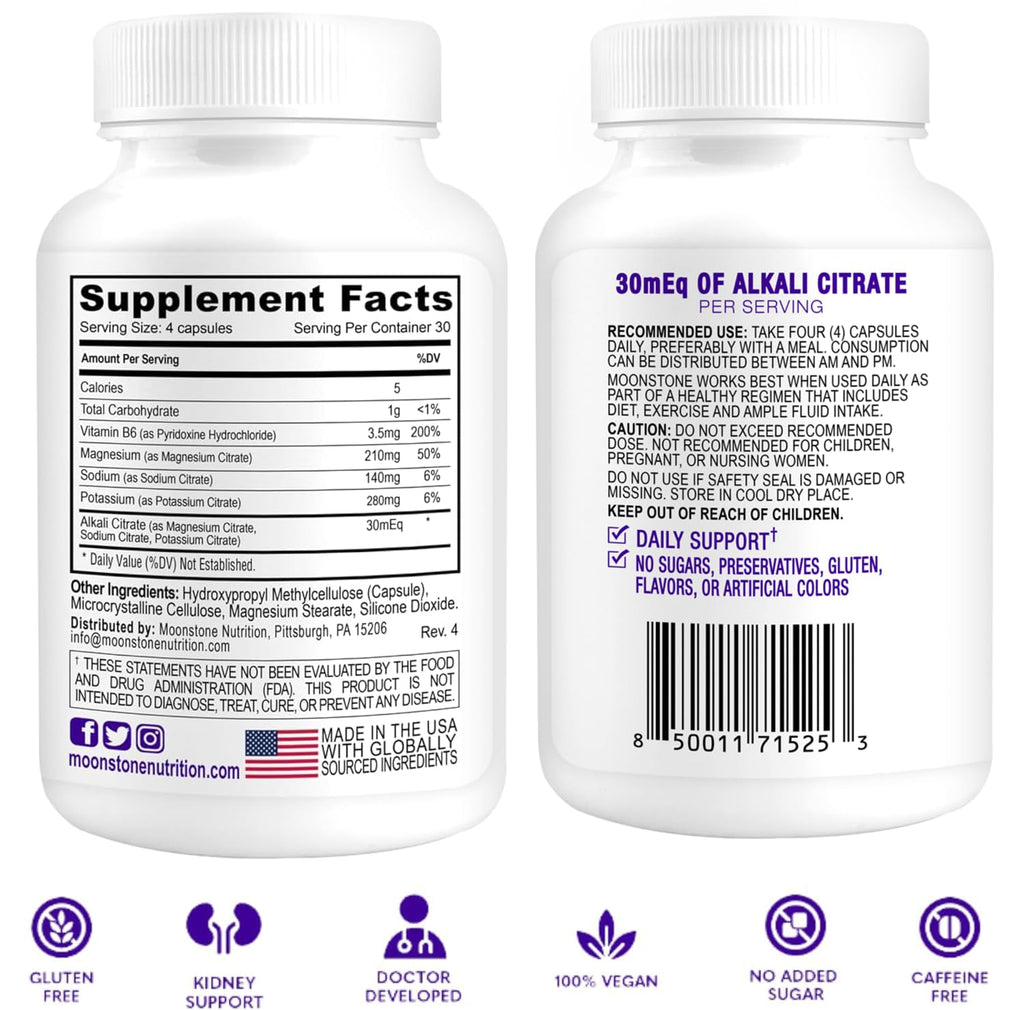 Moonstone Stone Stopper Capsules, Kidney Stone Prevention, Calcium Oxalate Protector, Alkali Citrate Support Supplement, Developed by Urologists to Support Kidney Health, 90 Day Supply (360 Count)