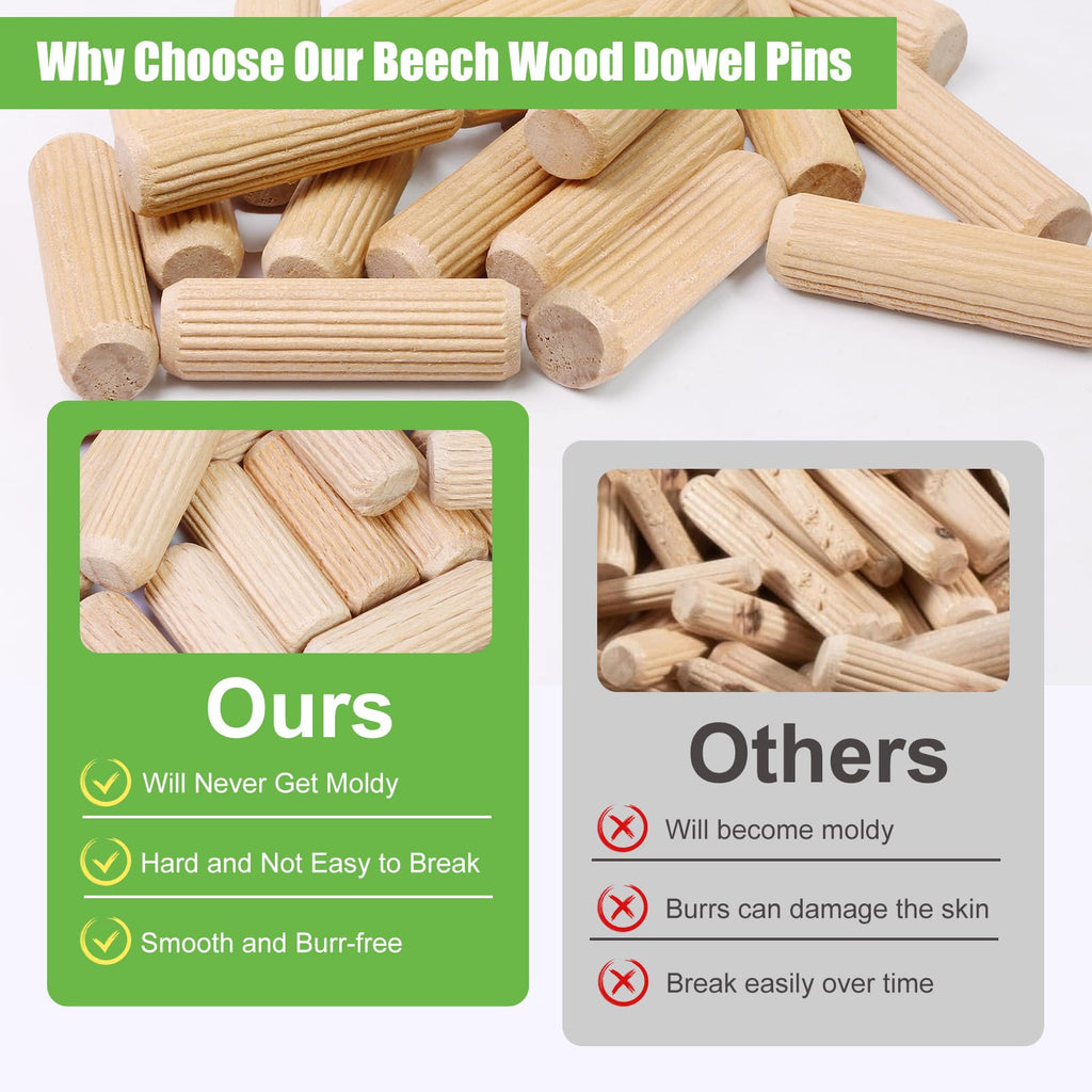 1/2" x 1-3/4" Wooden Dowel Pins, FoDau770 Fluted Wood Dowel Rods, Natural Beech Wood Dowel Pegs for Crafts, Woodworking, DIY Furniture - 200 Pieces