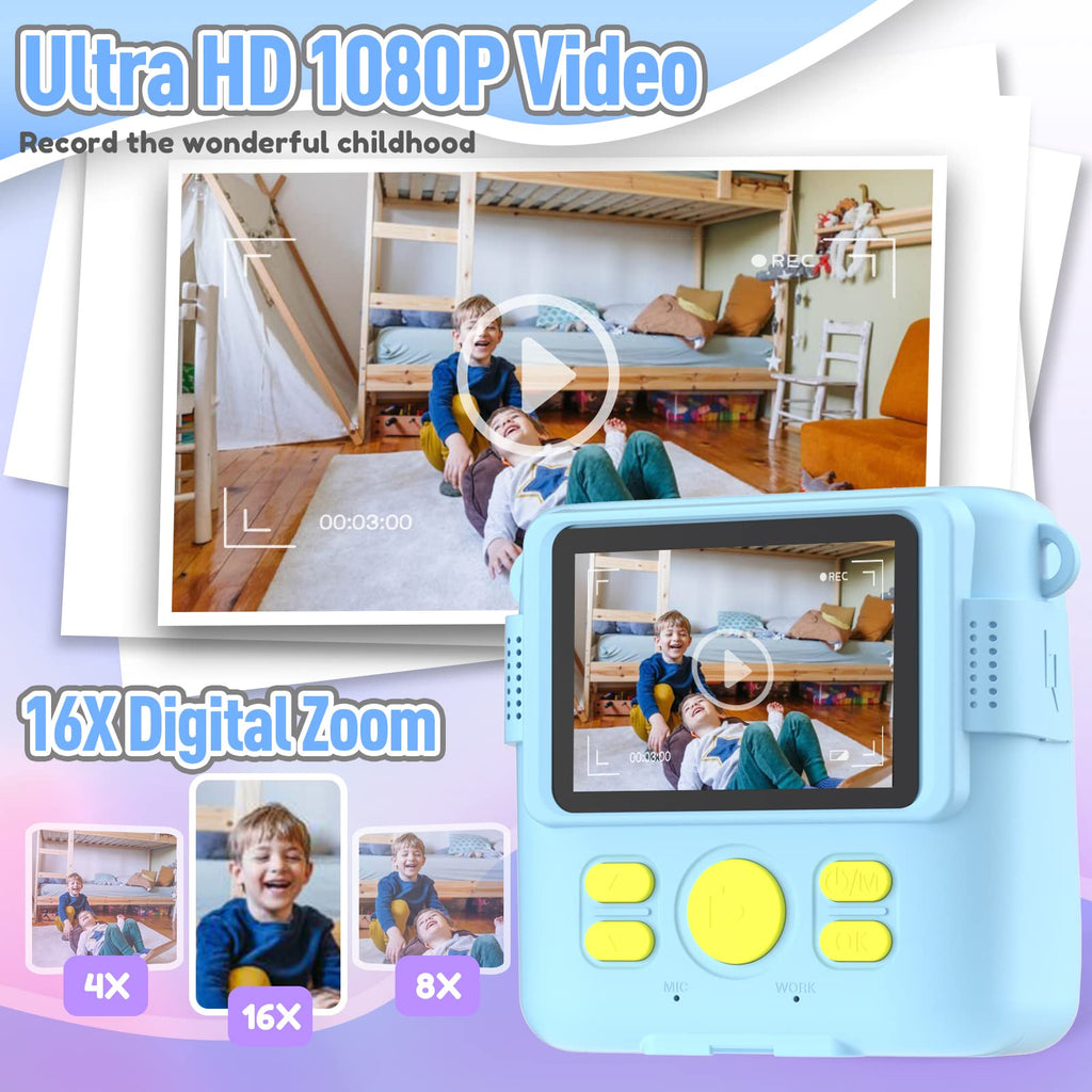 ESOXOFFORE Kids Camera Instant Print, Christmas Birthday Gifts for Kids Age 3-12, Selfie Digital Camera with 1080P Videos,Toddler Portable Travel Toy for 4 5 6 7 8 9 Year Old Boys Girls-Blue