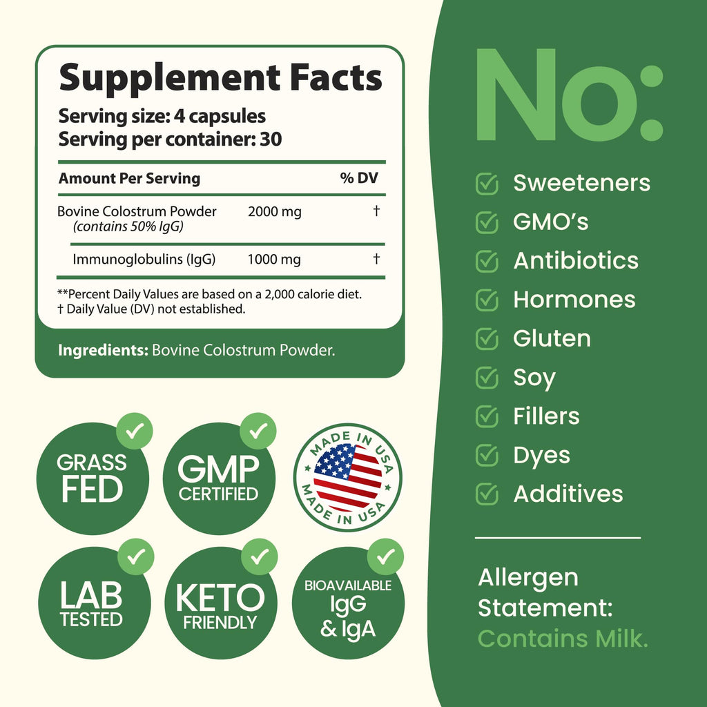 Immerge Health Super Colostrum Capsules - 120 Count High IgG Bovine Supplement for Gut Health, Hair Growth, Bloating & Immunity - 100% Grass Fed First Milking, Tasteless & Travel Friendly, USA Made