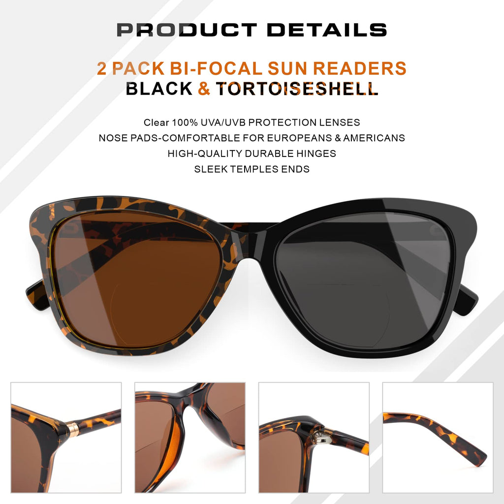 SKYOLUY Premium Bifocal Reading Sunglasses for Women, Retro Cateye Sun Readers UV400 Protection, Classic Shades Black & Tortoise (1 Black & 1 Tortoise, 2.00)