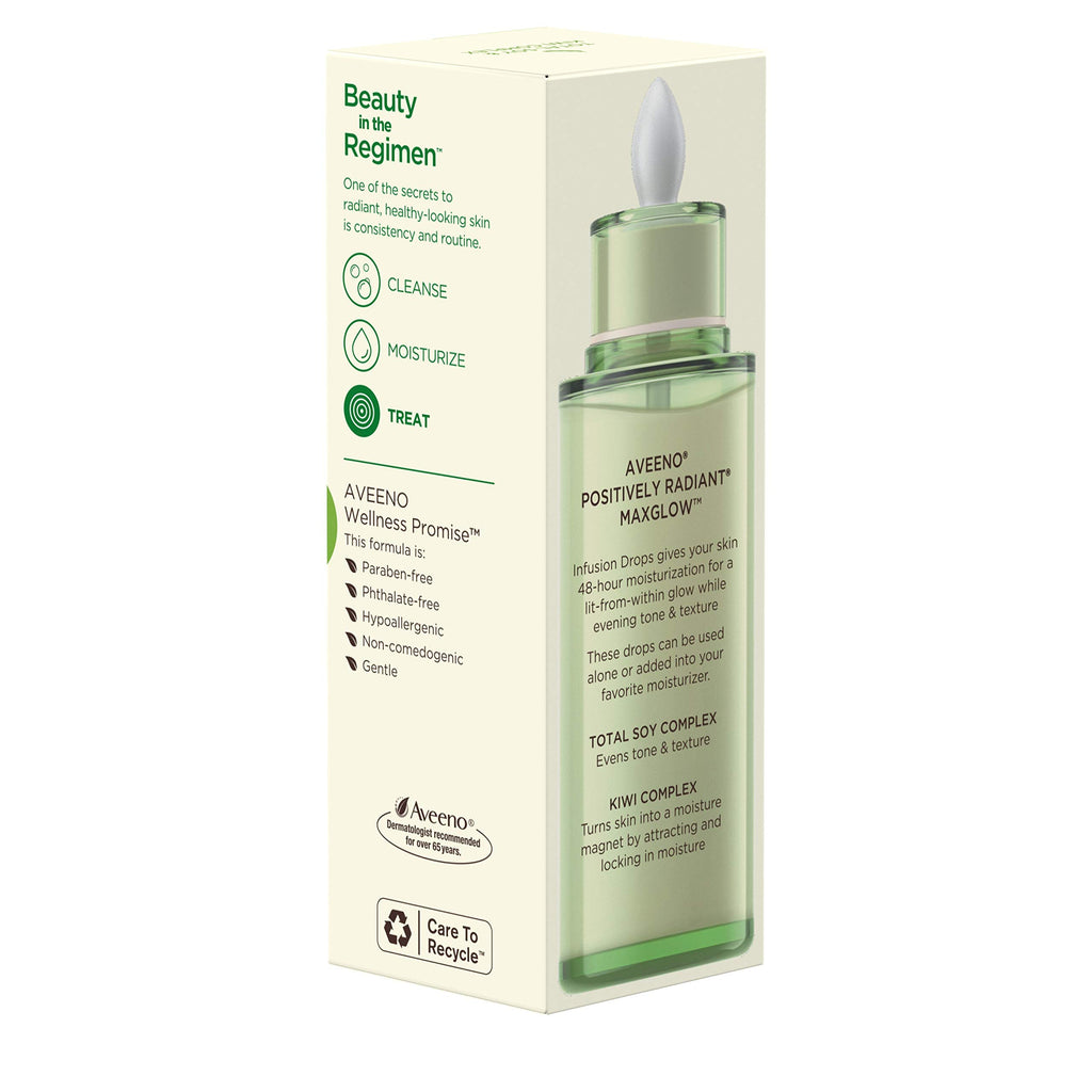 Aveeno Positively Radiant MaxGlow Infusion Drops with Moisture Rich Soy & Kiwi Complex, Hypoallergenic, Non-Comedogenic, Paraben- & Phthalate-Free Moisturizing Facial Serum, 1.35 fl. oz