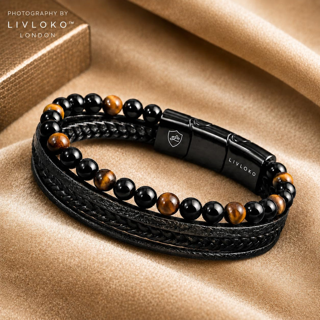 LIVLOKO LONDON Mens Bracelet Leather Black Multi-Layer Tiger Eye Stone Beads Magnetic Adjutable Steel Clasp Viking Rope Bands Surfer Man Wristband Male UK Jewellery Gift box Husband Boyfriend Dad Son