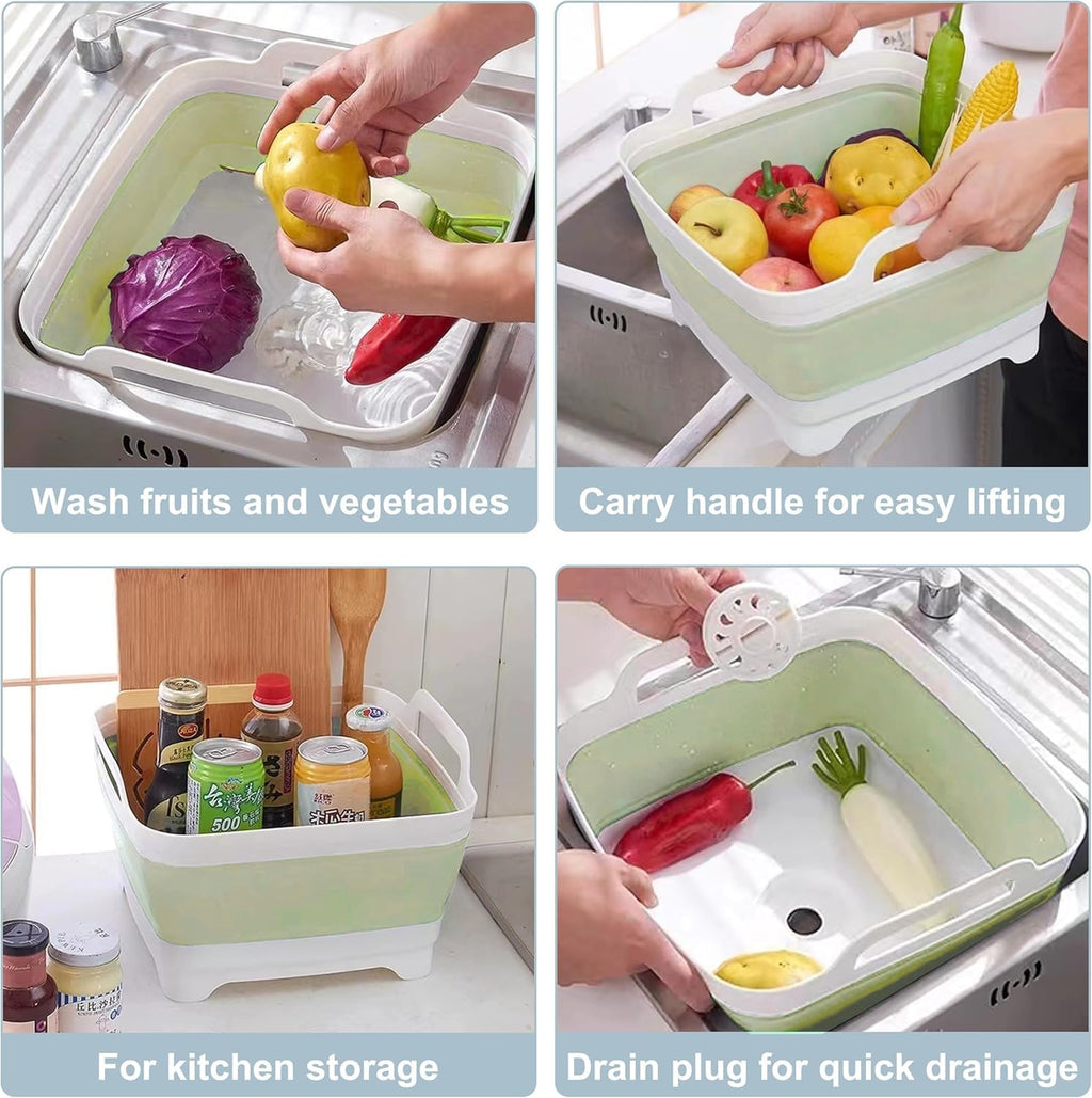 2.4 Gal(9L) Collapsible Dish Basin with Drain Plug, Space Saving Outdoor Multiuse Foldable Sink Tub, Dishpan, Kitchen Storage Tray for Camping, Vegetable Washing, RV (Green)