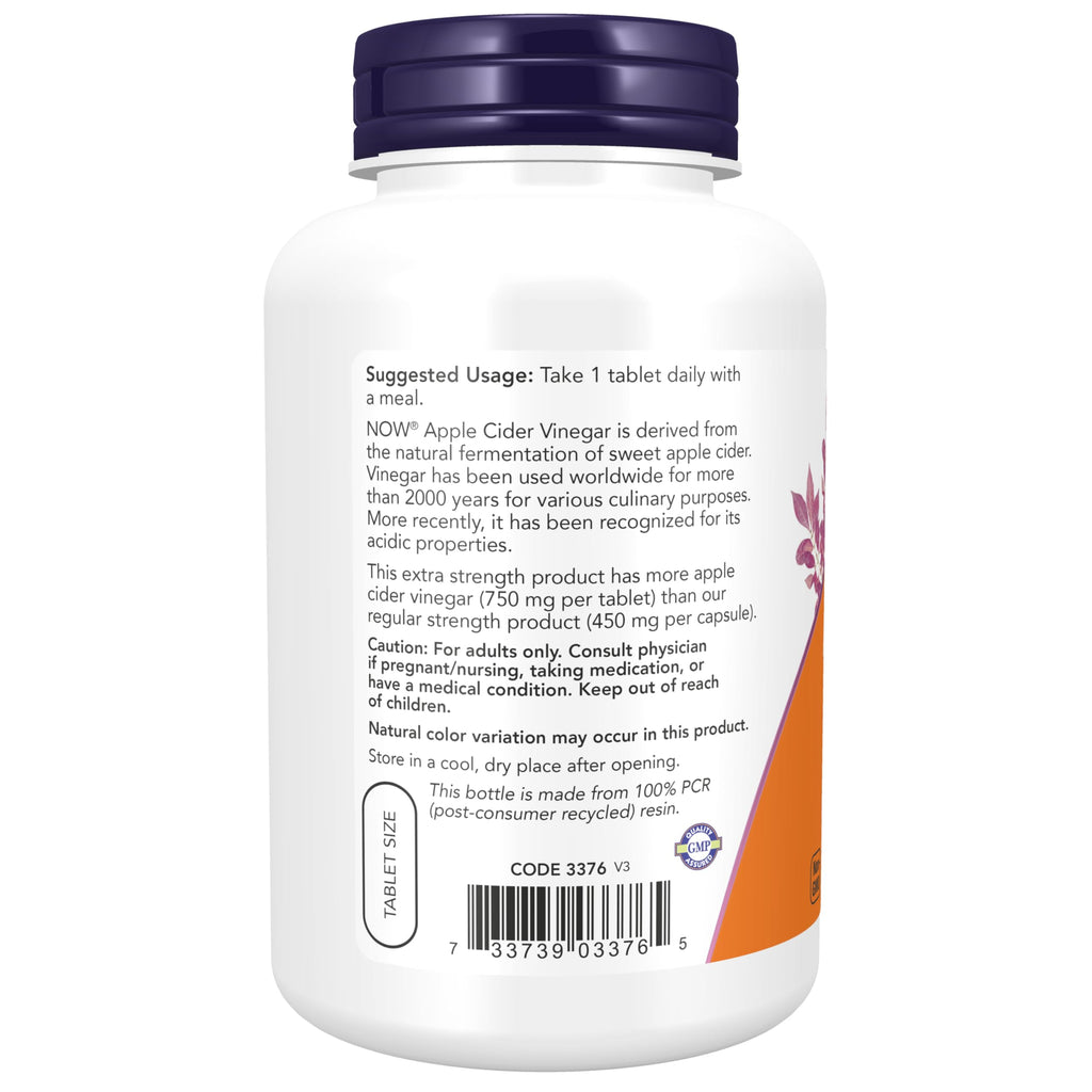 NOW Foods Supplements, Apple Cider Vinegar 750 mg, from Fermentation of Sweet Apple Cider, Extra Strength, 180 Tablets